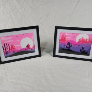 NEW 3D Original Handmade Pink Desert Boho Style Framed Landscapes Artwork Bundle